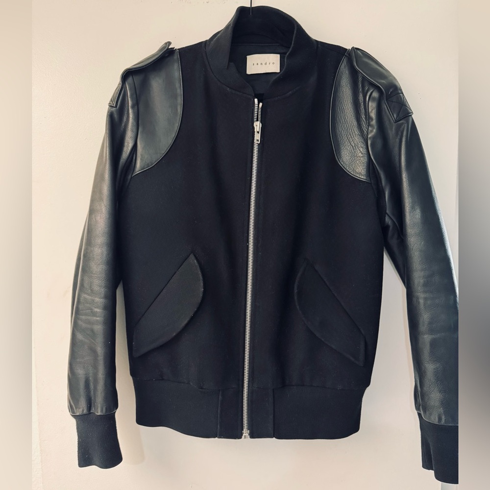 Sandro Black Wool Bomber Jacket with Silver Zip